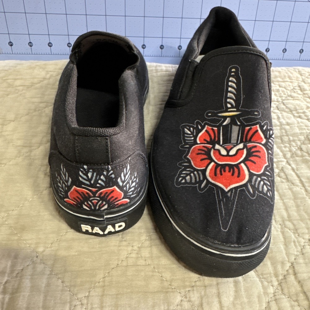 RAAD Shoe‎ Mens 8 Womens 10 Rose , sword Tattoo Slip On Artsy Painted Skater